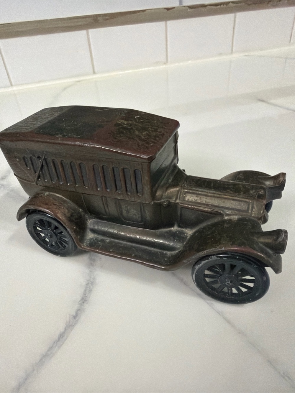 Vintage-Style Bronze Metal Toy Car Decorative Accent - Brown